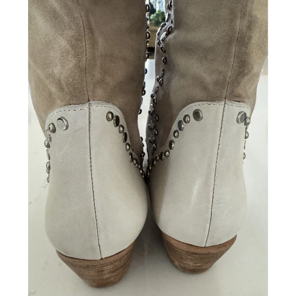 Free People Jaxon Studded Western Cowboy Boots Cream Excellent 38.5 8
